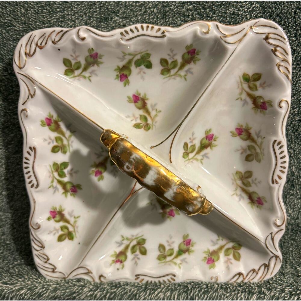 Norcrest Square Divided Rose Bud Gold Trim Serving Dish w Handle Marked